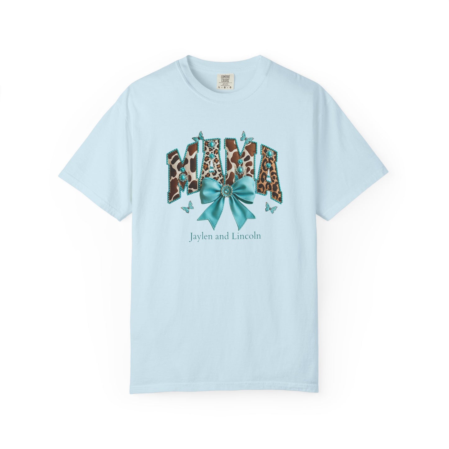 Mama Teal Bow Custom Name T-Shirt — Personalized Mom Script Graphic Tee