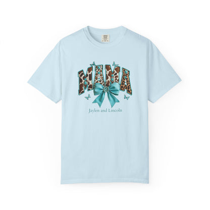 Mama Teal Bow Custom Name T-Shirt — Personalized Mom Script Graphic Tee