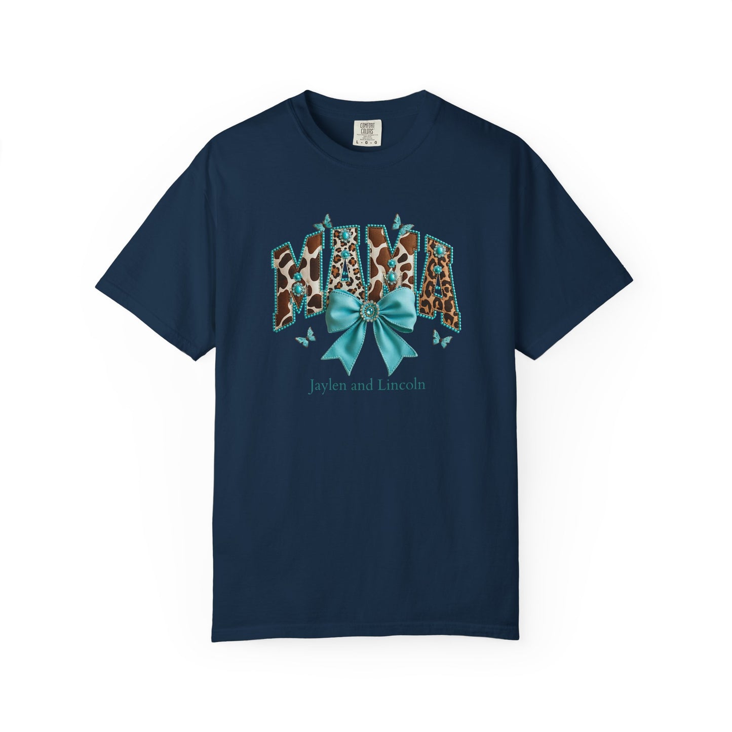 Mama Teal Bow Custom Name T-Shirt — Personalized Mom Script Graphic Tee