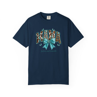 Mama Teal Bow Custom Name T-Shirt — Personalized Mom Script Graphic Tee