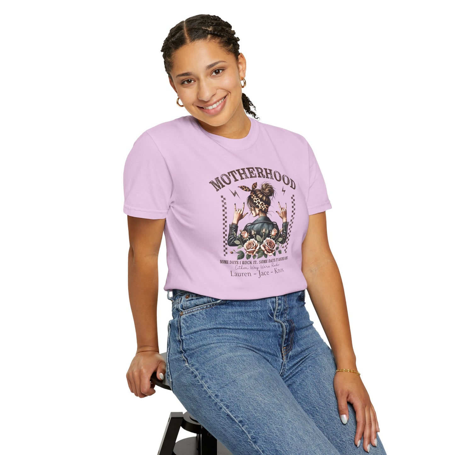 Rockin Motherhood Custom Name T-Shirt — Personalized Mom Script Graphic Tee