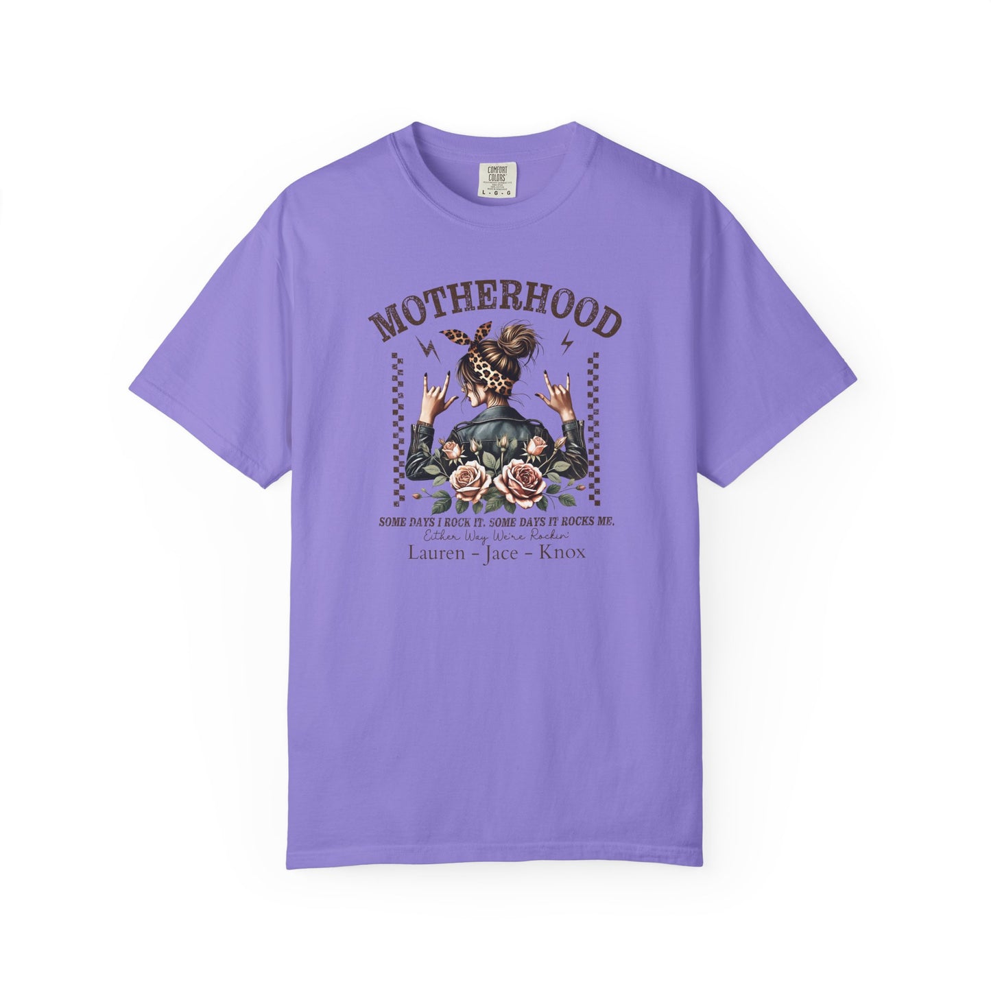 Rockin Motherhood Custom Name T-Shirt — Personalized Mom Script Graphic Tee