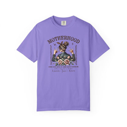 Rockin Motherhood Custom Name T-Shirt — Personalized Mom Script Graphic Tee