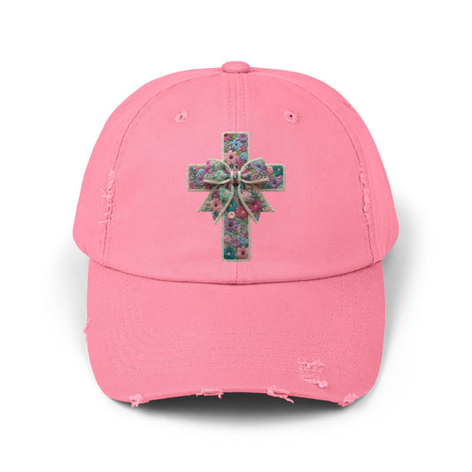 Distressed Floral Cross Cap — Bow Accent Religious Baseball Hat