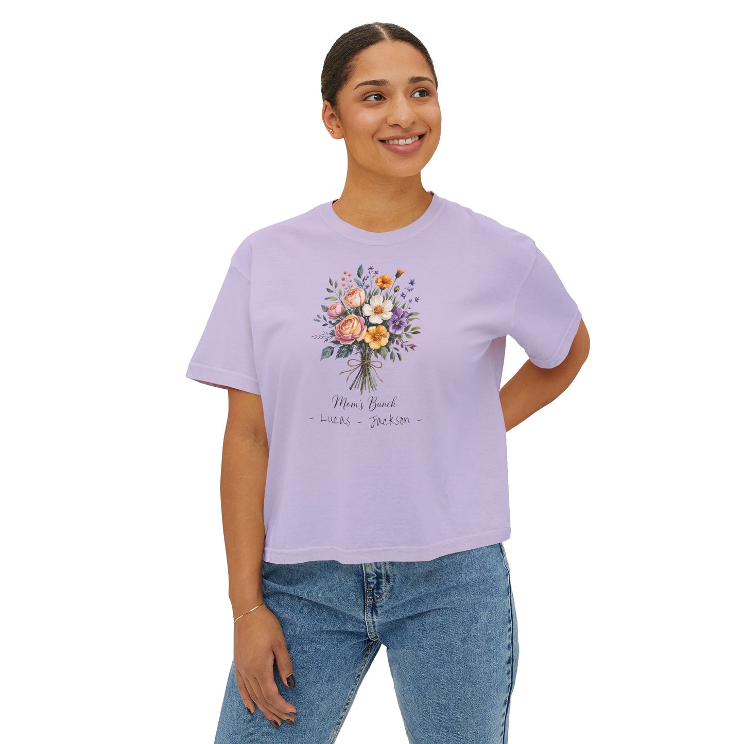 Mom's Bunch Custom Name Boxy Tee — Mother's Day Shirt