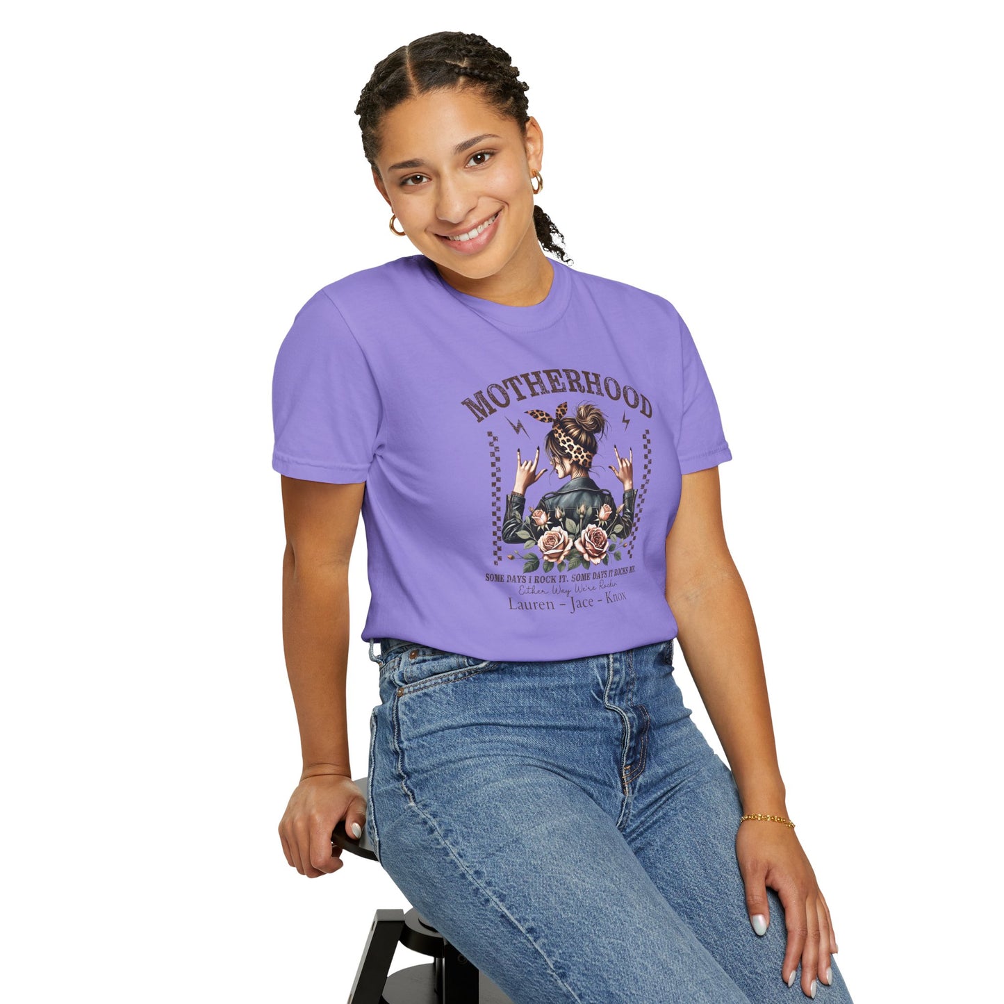 Rockin Motherhood Custom Name T-Shirt — Personalized Mom Script Graphic Tee