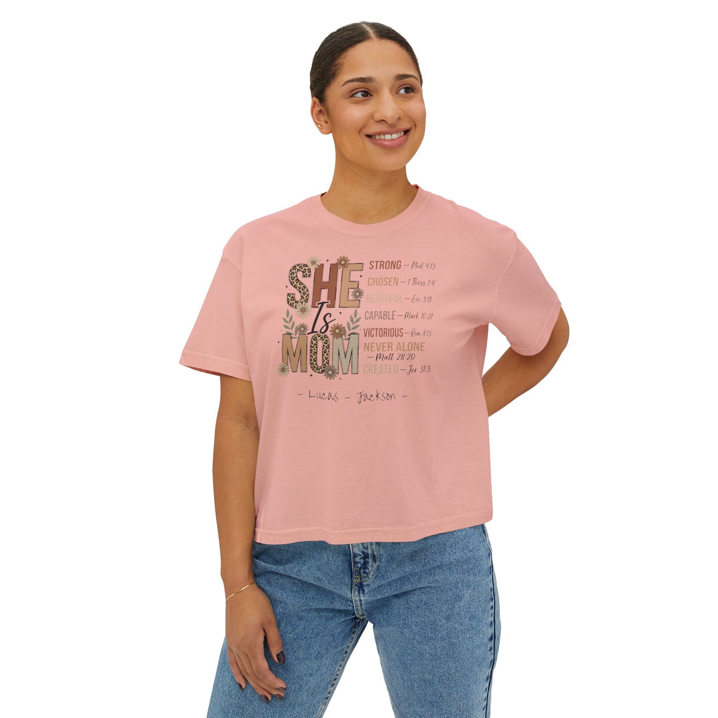 She Is Mom Custom Name Boxy Tee — Mother's Day Shirt
