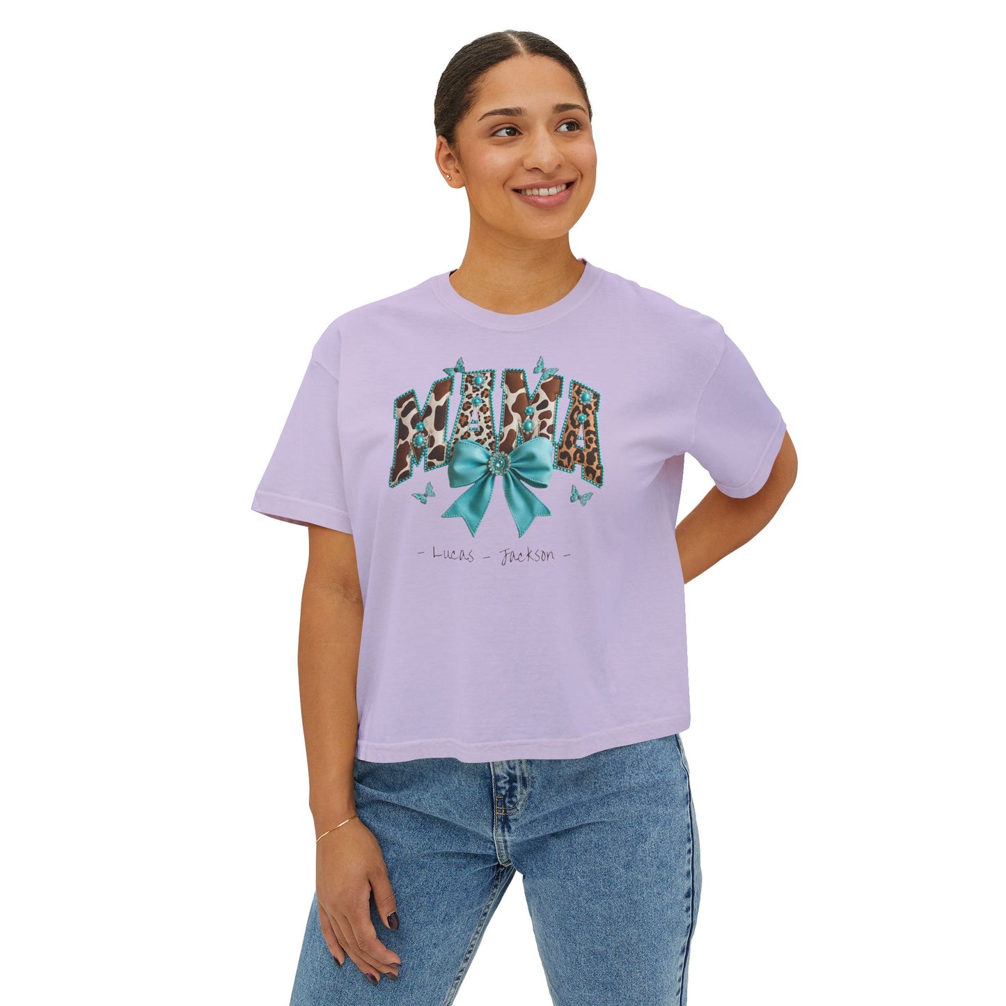 Mama Teal Bow Custom Name Boxy Tee — Mother's Day Shirt