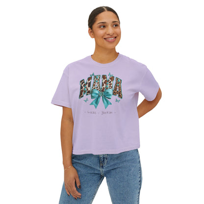 Mama Teal Bow Custom Name Boxy Tee — Mother's Day Shirt