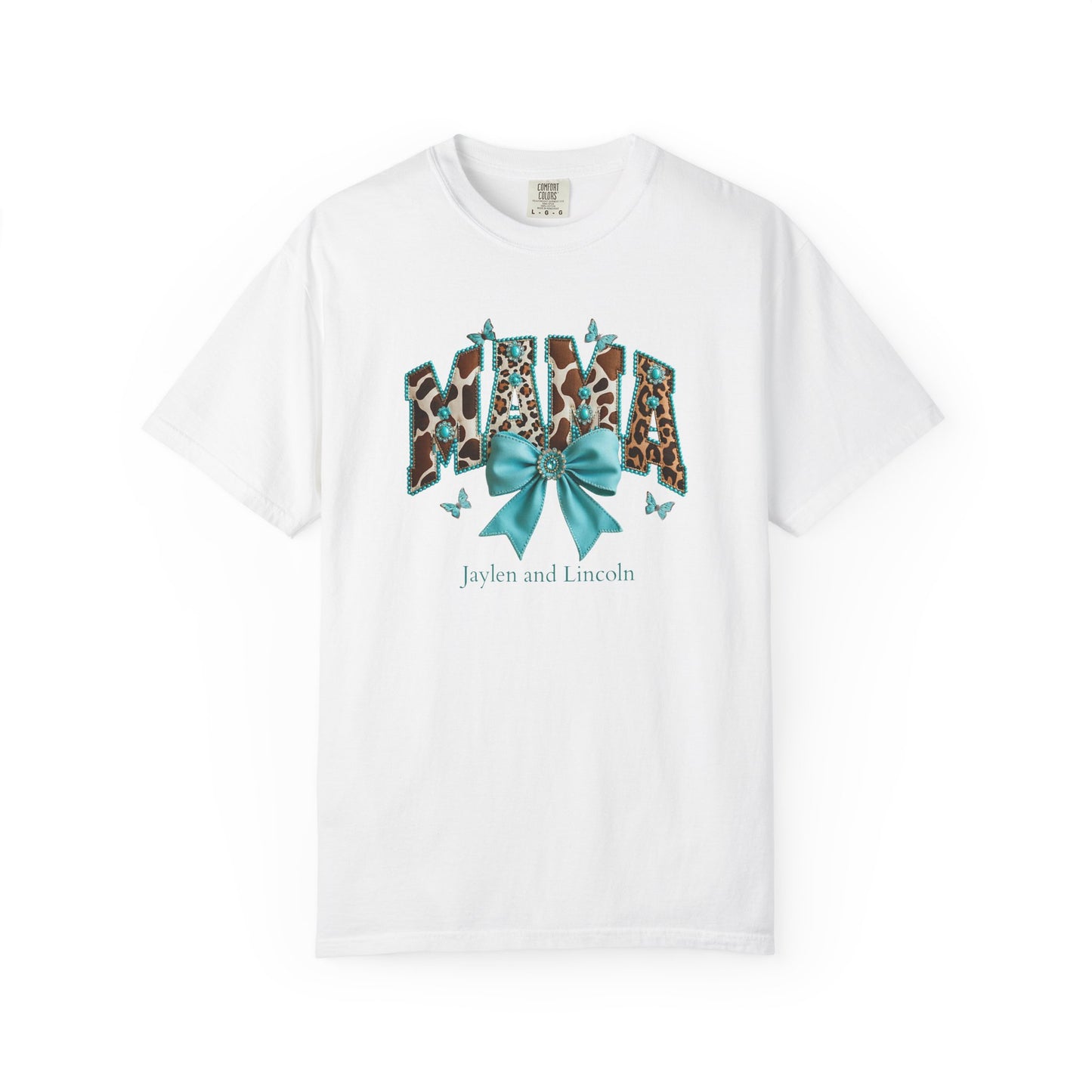 Mama Teal Bow Custom Name T-Shirt — Personalized Mom Script Graphic Tee