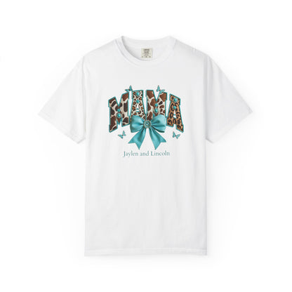 Mama Teal Bow Custom Name T-Shirt — Personalized Mom Script Graphic Tee