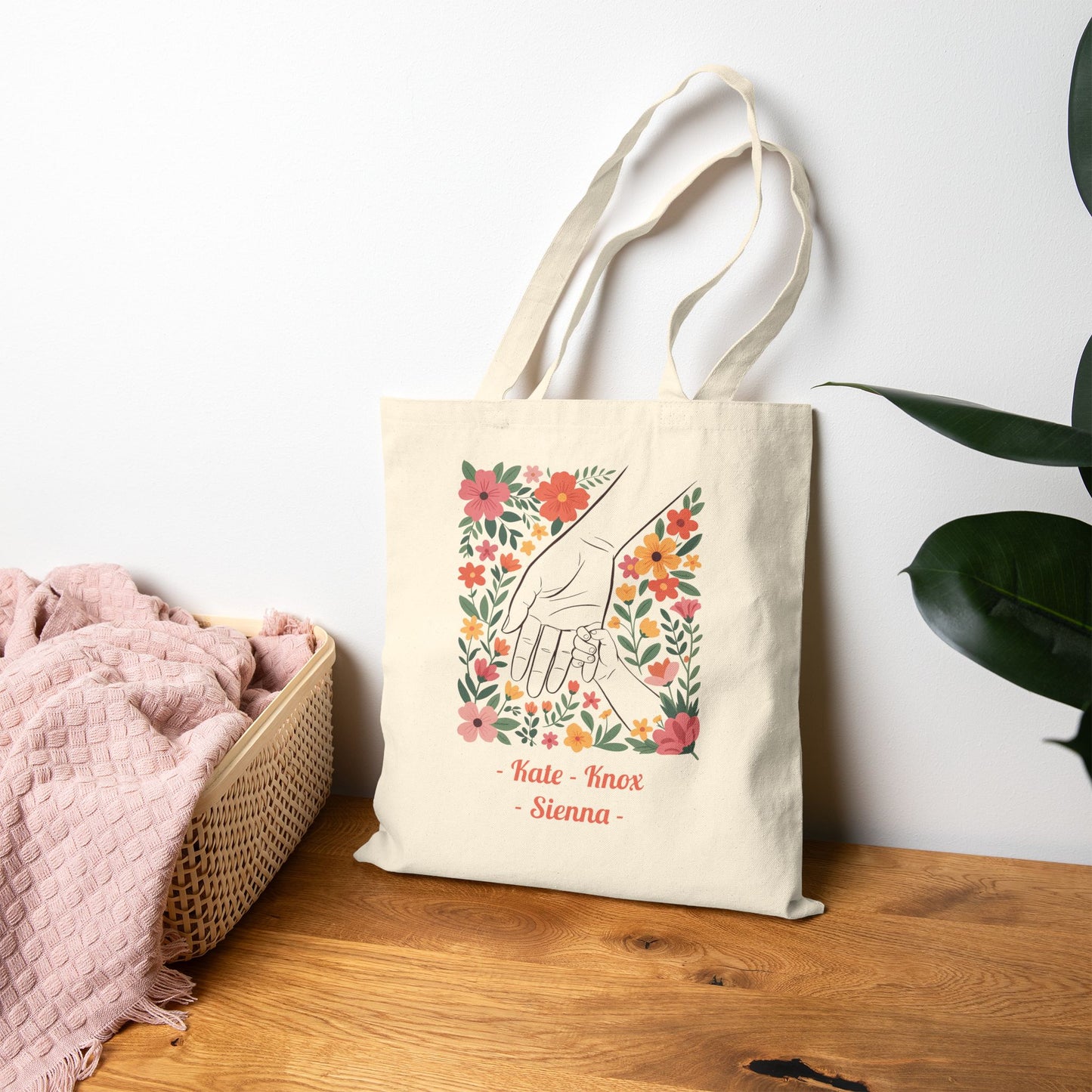 Mama Hand Custom Kid's Names Tote Bag – Personalized Cotton Canvas Market Tote
