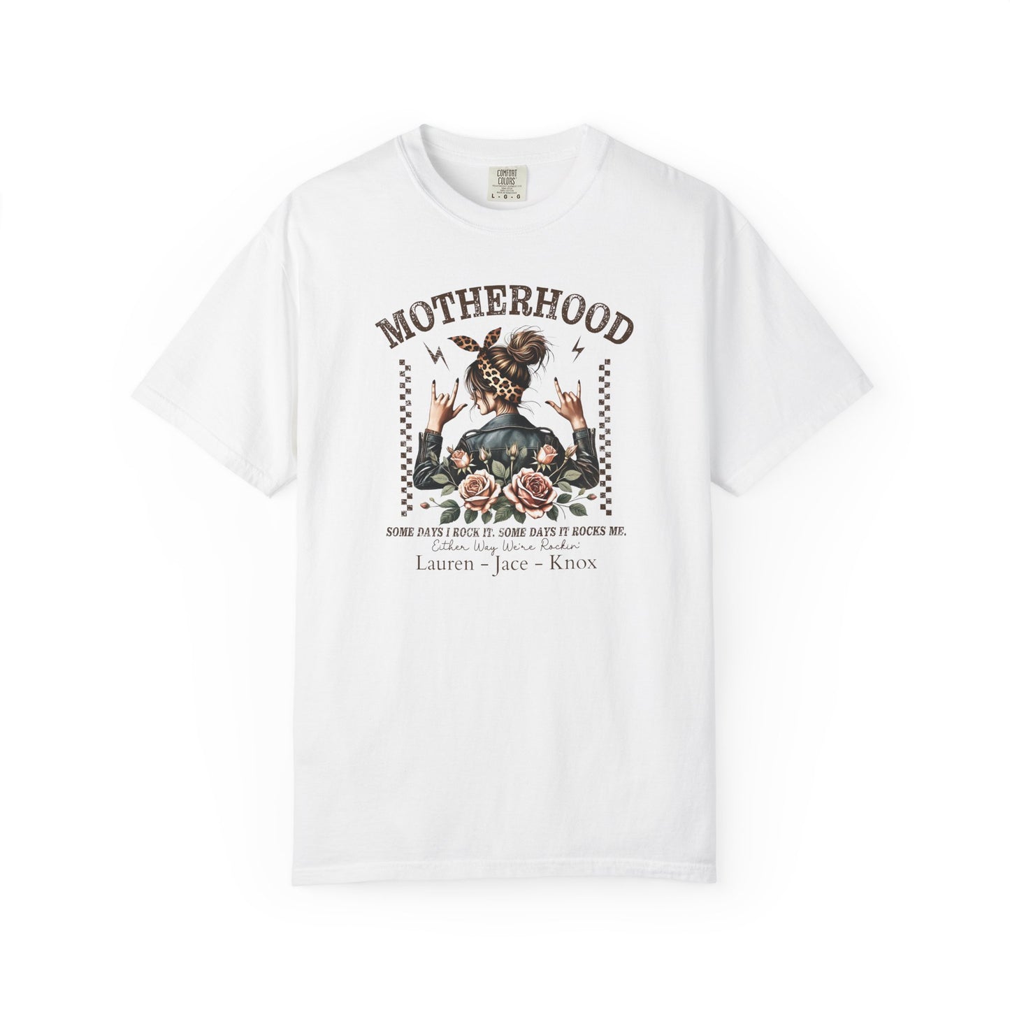 Rockin Motherhood Custom Name T-Shirt — Personalized Mom Script Graphic Tee