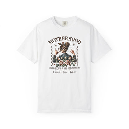 Rockin Motherhood Custom Name T-Shirt — Personalized Mom Script Graphic Tee