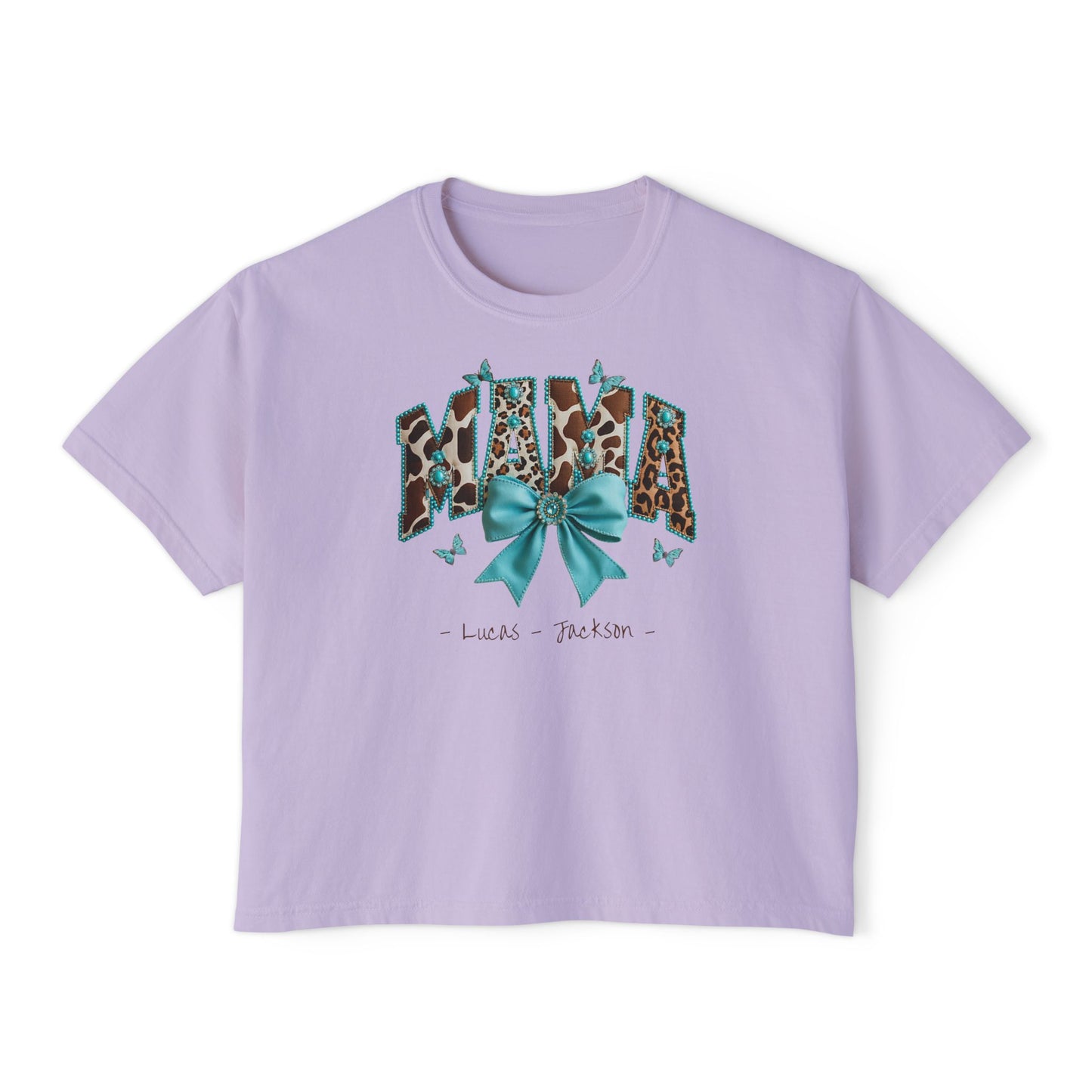 Mama Teal Bow Custom Name Boxy Tee — Mother's Day Shirt