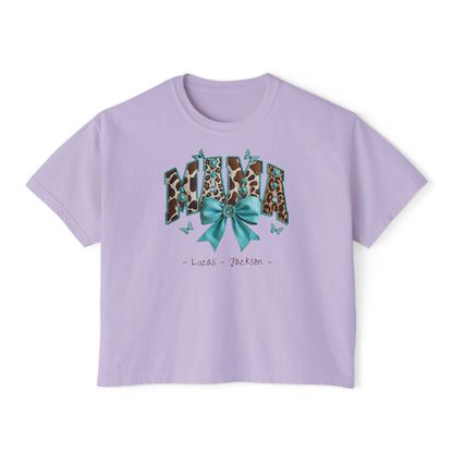 Mama Teal Bow Custom Name Boxy Tee — Mother's Day Shirt