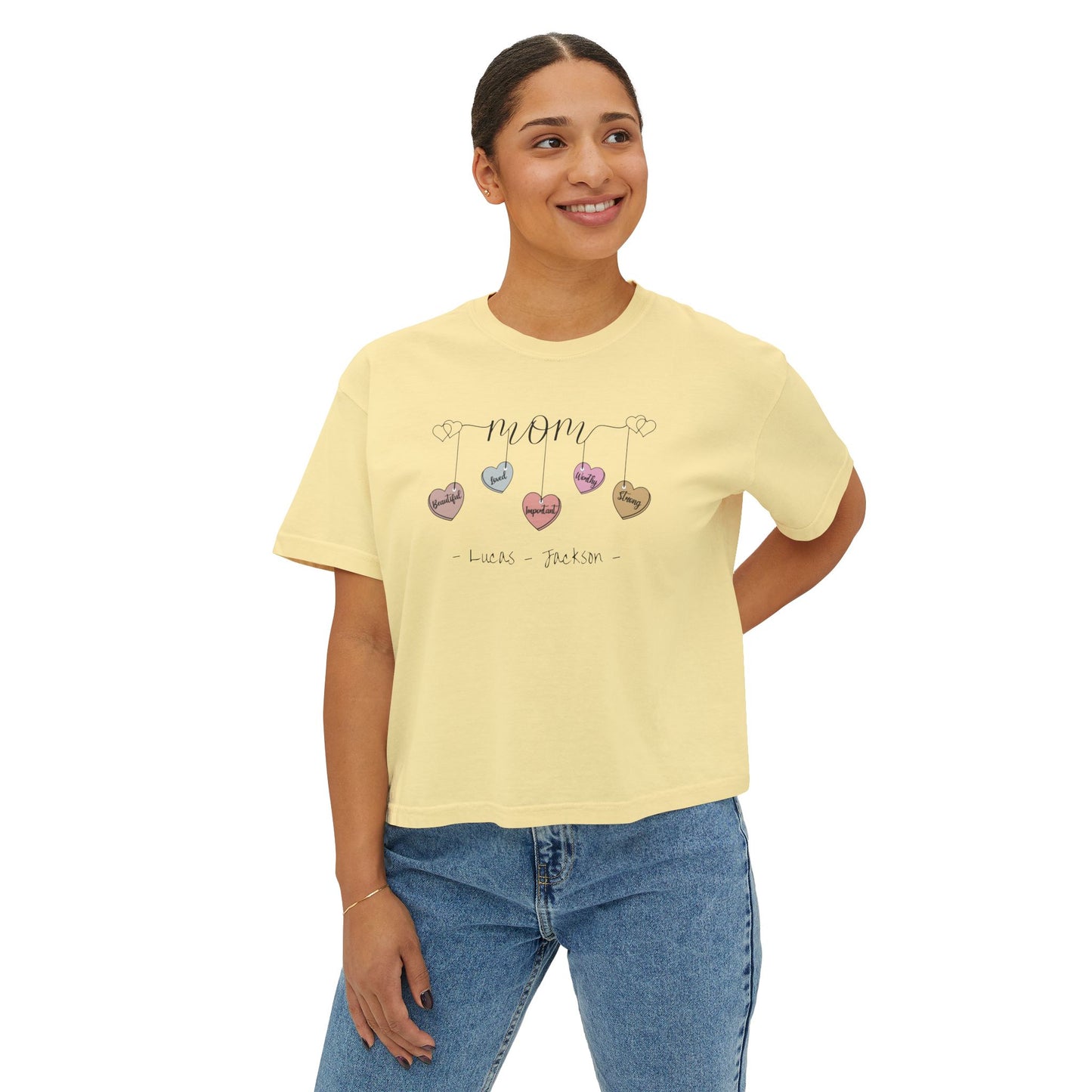 Mom Hearts Custom Name Boxy Tee — Mother's Day Shirt