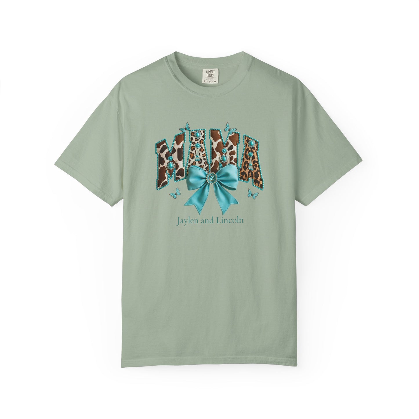 Mama Teal Bow Custom Name T-Shirt — Personalized Mom Script Graphic Tee