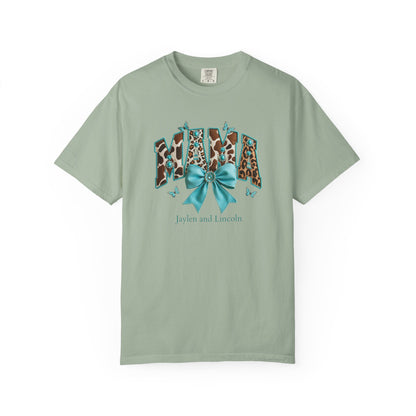 Mama Teal Bow Custom Name T-Shirt — Personalized Mom Script Graphic Tee
