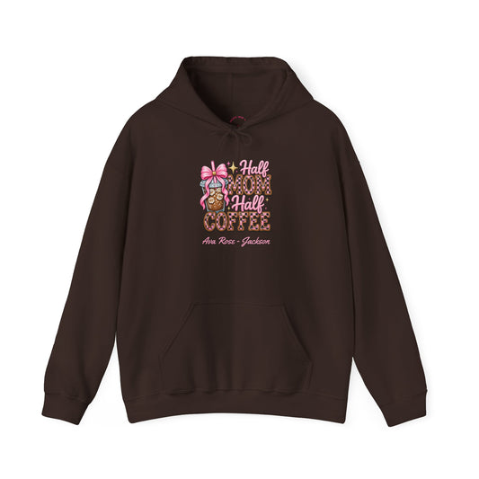Half Mom Half Coffee Custom Kids Name Mama Hoodie — Personalized Mom Hoodie