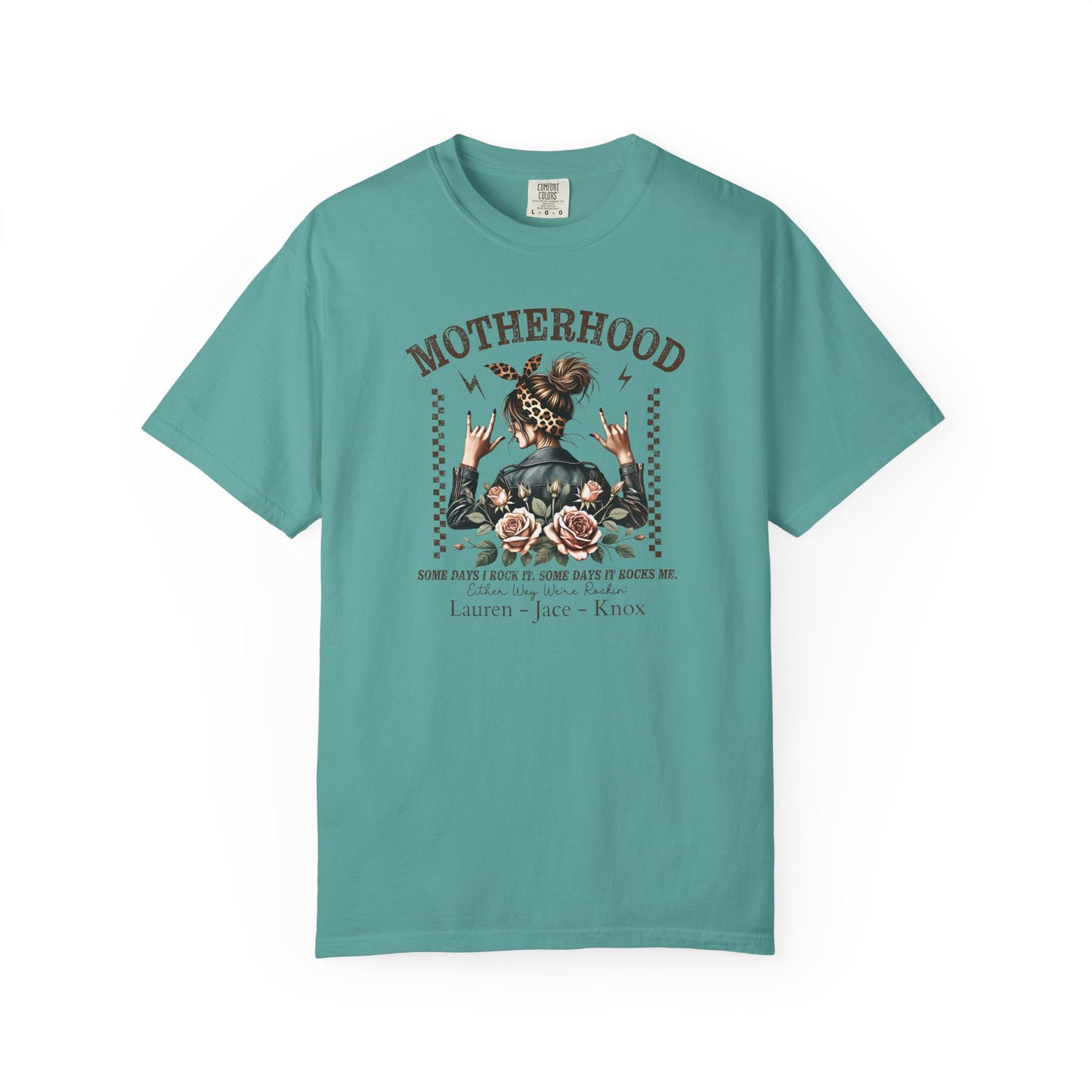 Rockin Motherhood Custom Name T-Shirt — Personalized Mom Script Graphic Tee