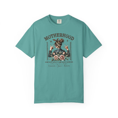 Rockin Motherhood Custom Name T-Shirt — Personalized Mom Script Graphic Tee