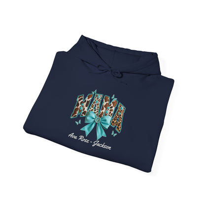Mama Teal Bow Custom Kids Name Mama Hoodie — Personalized Mom Hoodie