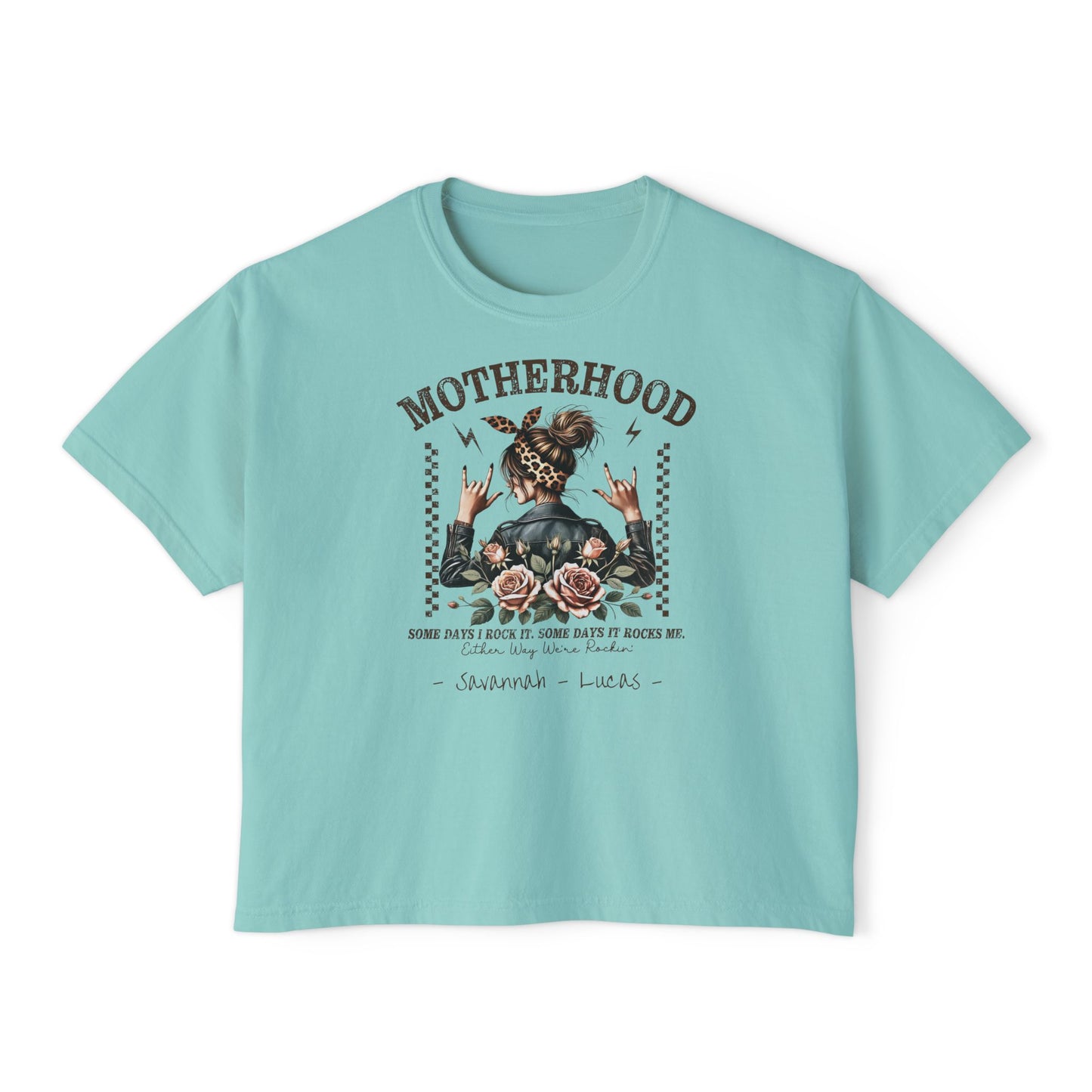 Rockin Motherhood Custom Name Boxy Tee — Mother's Day Shirt