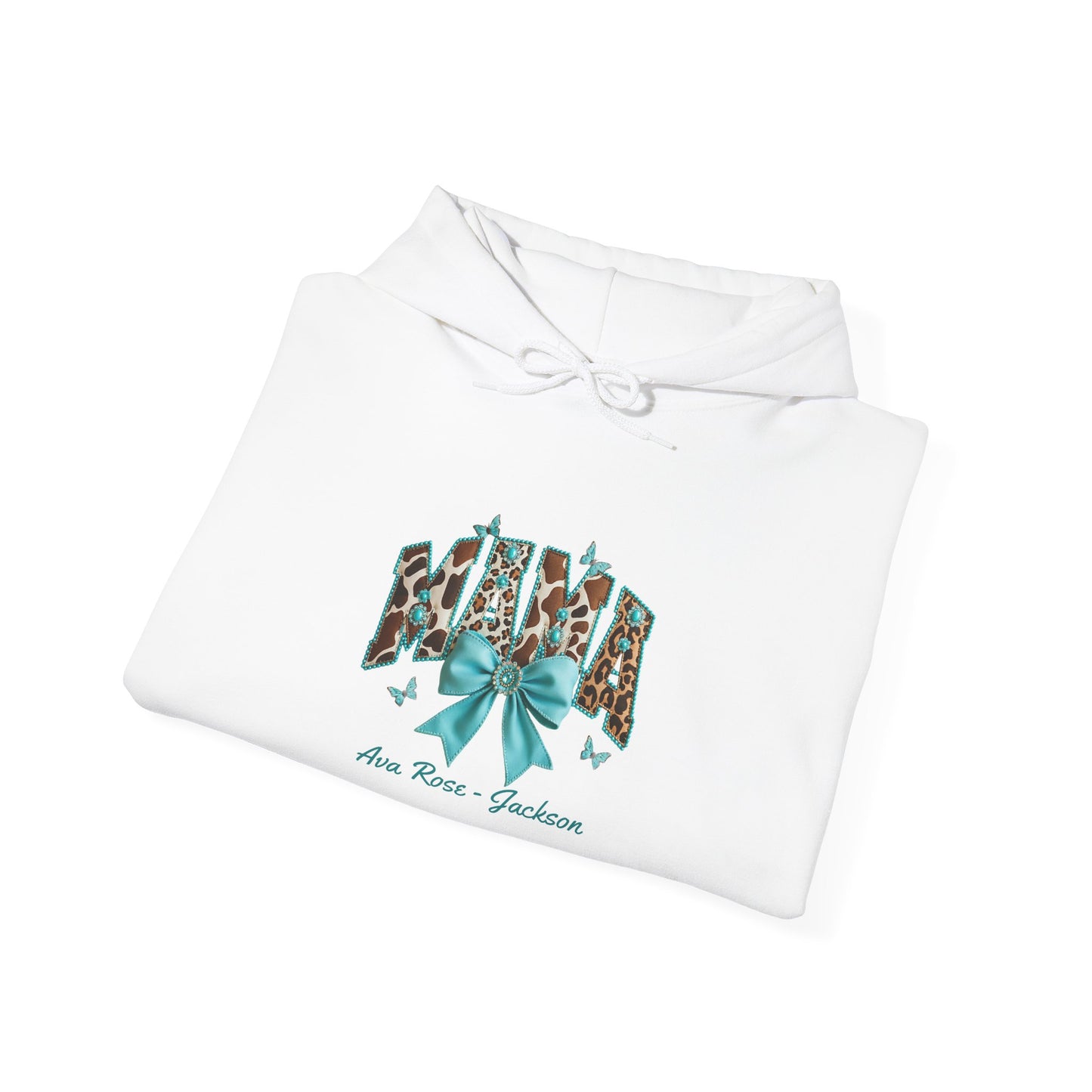 Mama Teal Bow Custom Kids Name Mama Hoodie — Personalized Mom Hoodie