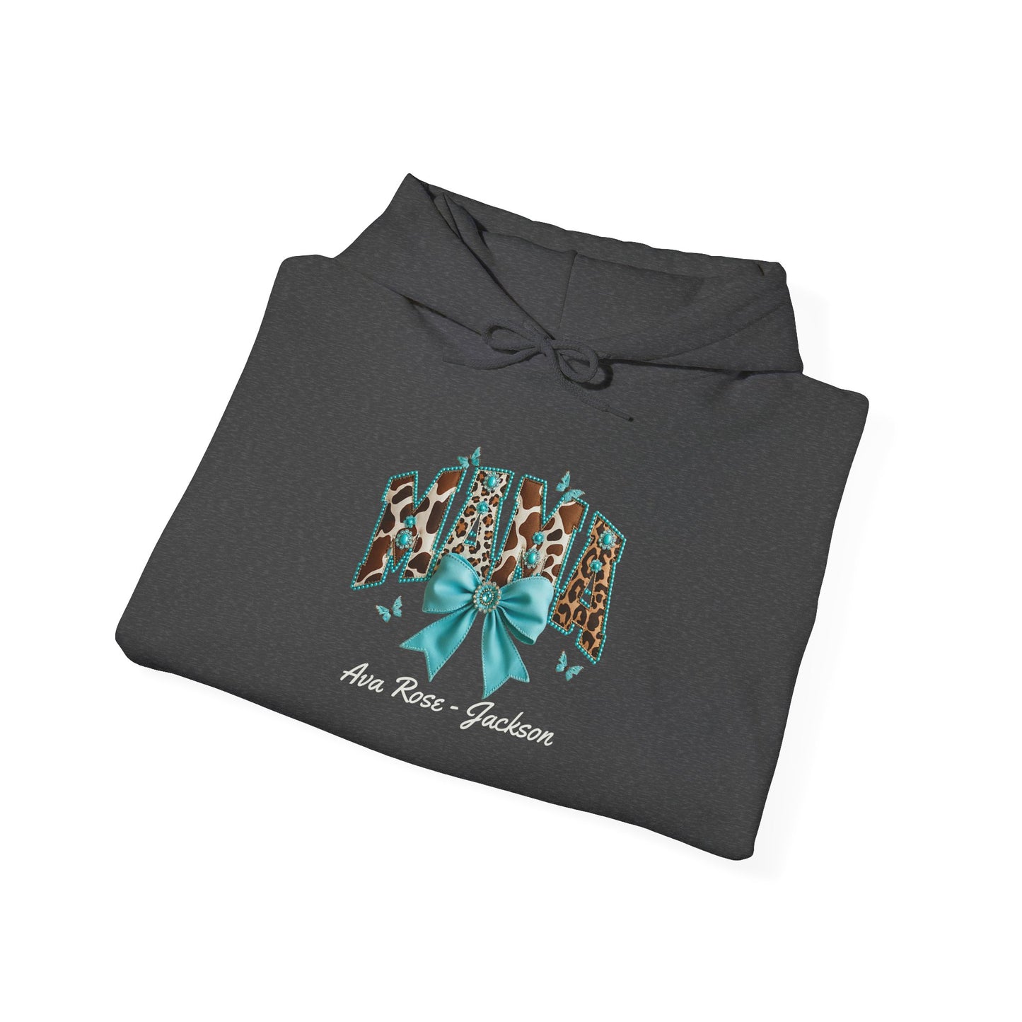 Mama Teal Bow Custom Kids Name Mama Hoodie — Personalized Mom Hoodie