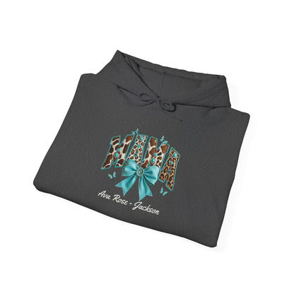 Mama Teal Bow Custom Kids Name Mama Hoodie — Personalized Mom Hoodie