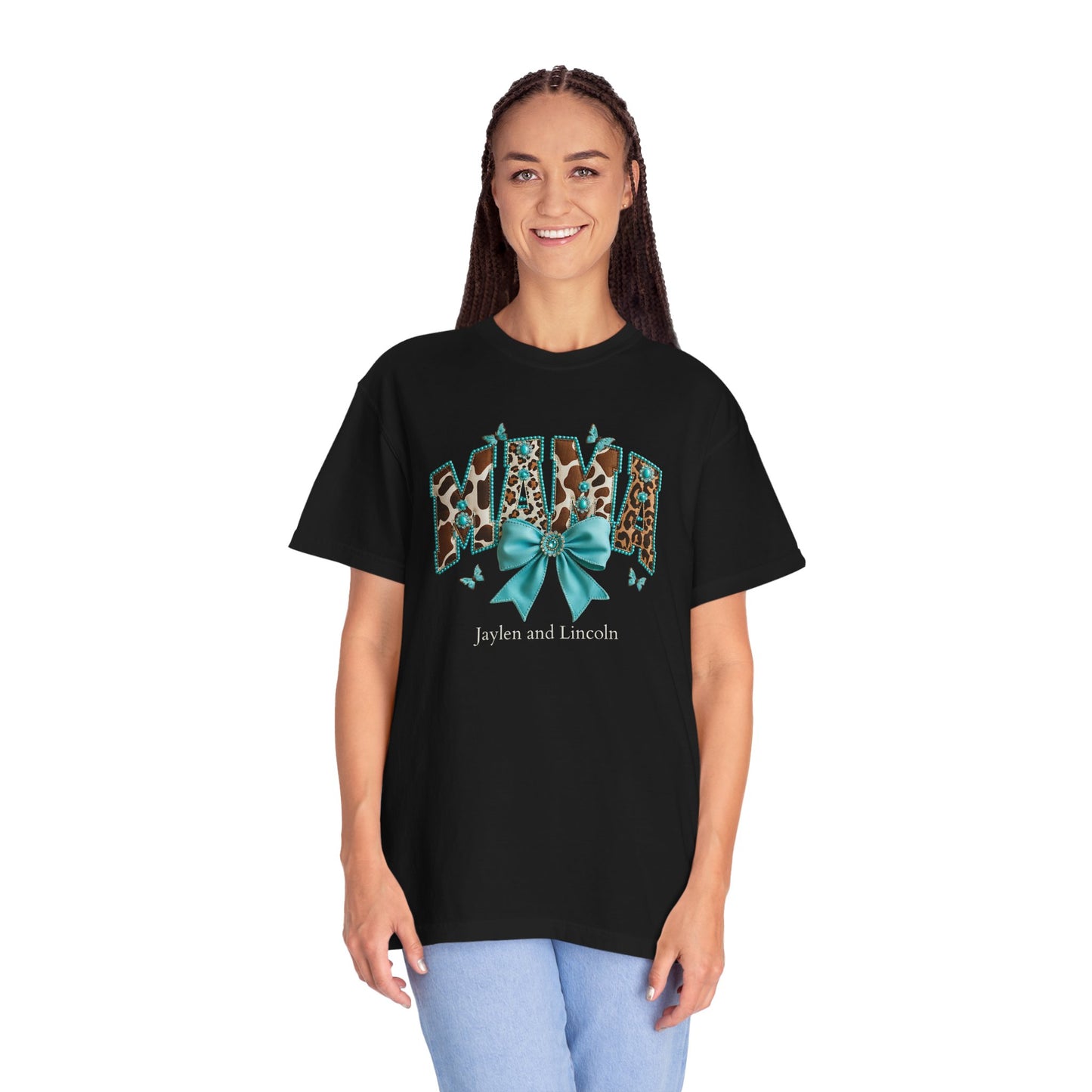 Mama Teal Bow Custom Name T-Shirt — Personalized Mom Script Graphic Tee