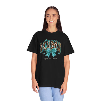 Mama Teal Bow Custom Name T-Shirt — Personalized Mom Script Graphic Tee