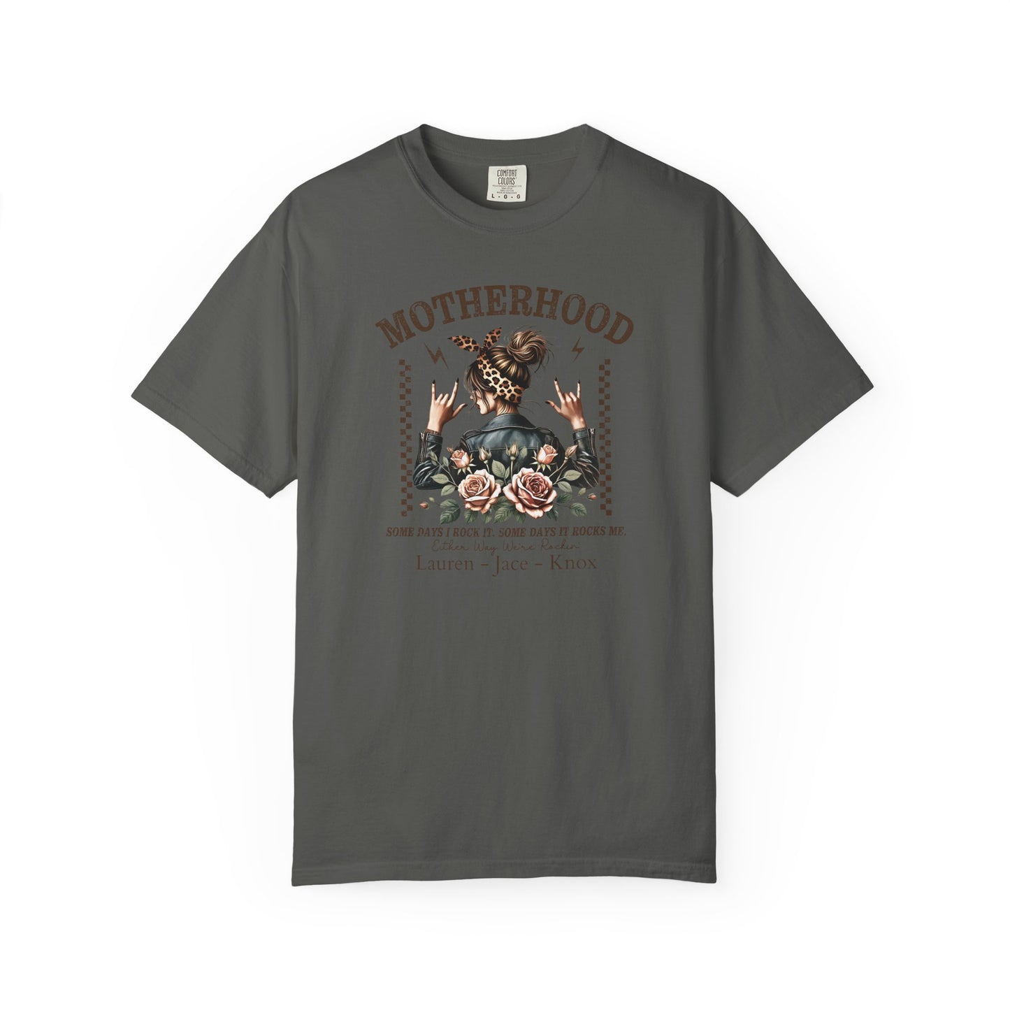 Rockin Motherhood Custom Name T-Shirt — Personalized Mom Script Graphic Tee