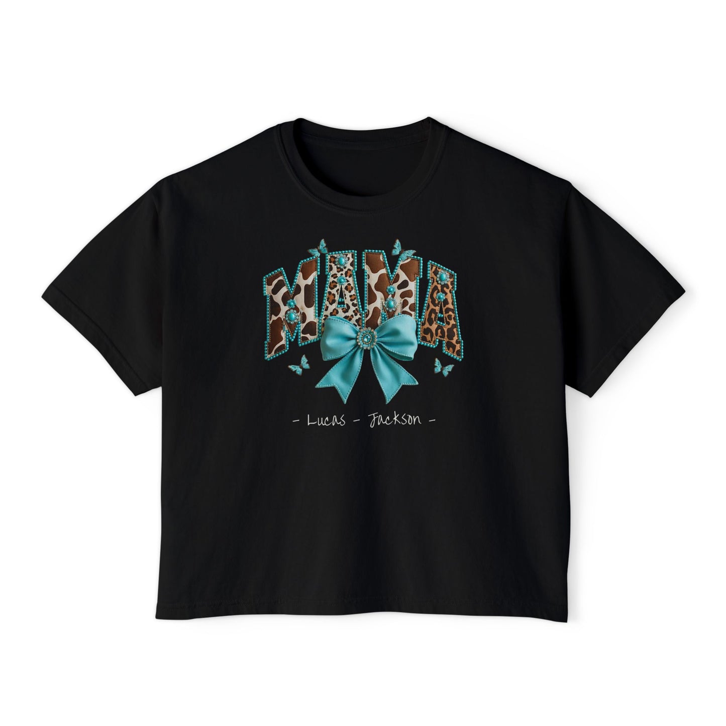 Mama Teal Bow Custom Name Boxy Tee — Mother's Day Shirt