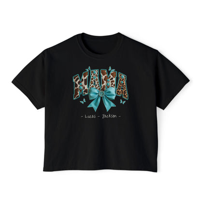 Mama Teal Bow Custom Name Boxy Tee — Mother's Day Shirt