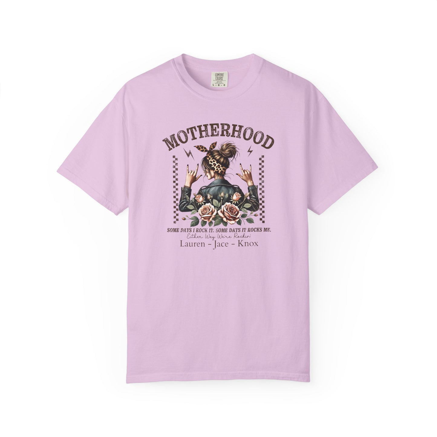 Rockin Motherhood Custom Name T-Shirt — Personalized Mom Script Graphic Tee