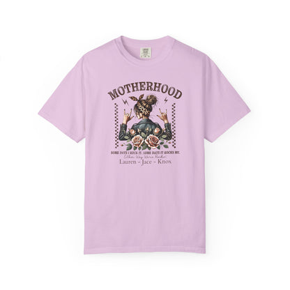 Rockin Motherhood Custom Name T-Shirt — Personalized Mom Script Graphic Tee