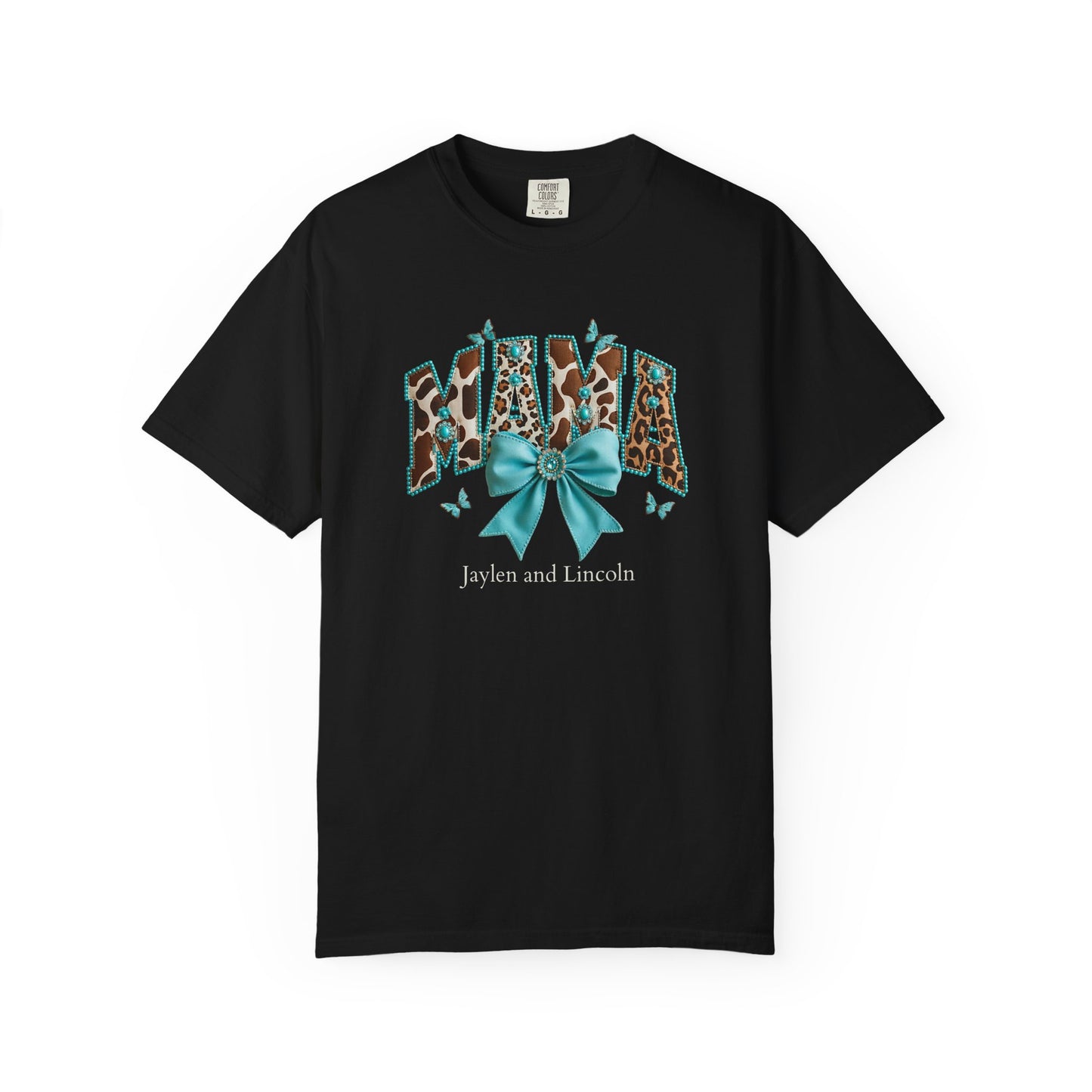 Mama Teal Bow Custom Name T-Shirt — Personalized Mom Script Graphic Tee