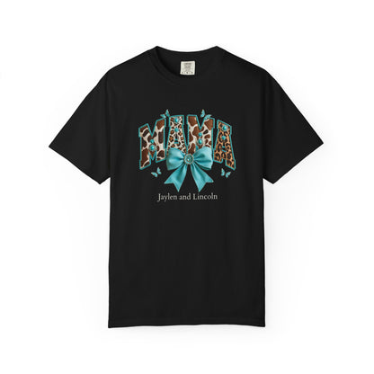 Mama Teal Bow Custom Name T-Shirt — Personalized Mom Script Graphic Tee