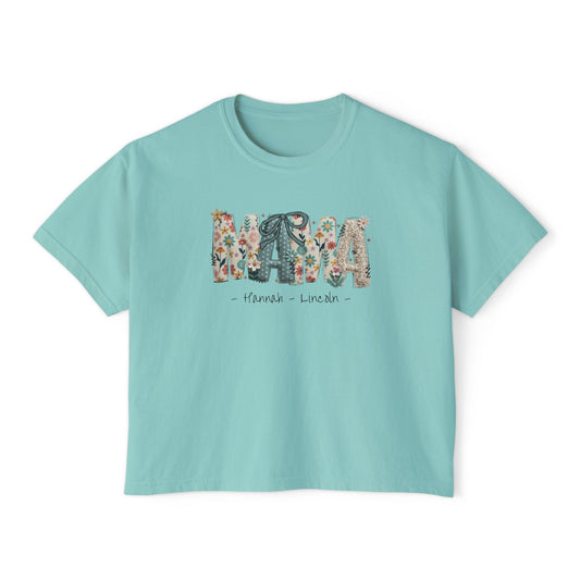 Floral Patchwork Mama Custom Name Boxy Tee — Mother's Day Shirt