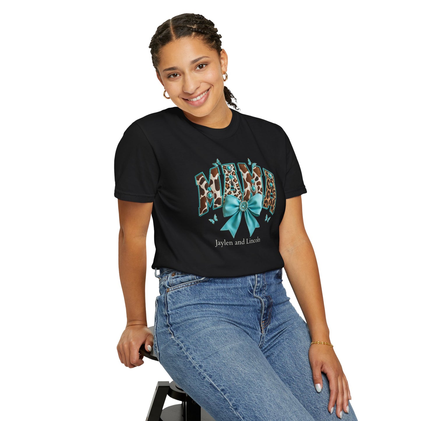 Mama Teal Bow Custom Name T-Shirt — Personalized Mom Script Graphic Tee