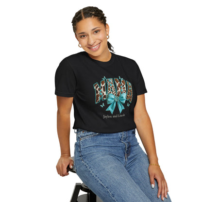 Mama Teal Bow Custom Name T-Shirt — Personalized Mom Script Graphic Tee