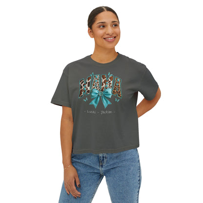 Mama Teal Bow Custom Name Boxy Tee — Mother's Day Shirt