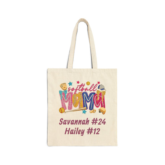 Colorful Softball Mama Personalized Cotton Canvas Tote (Custom Name & Number)