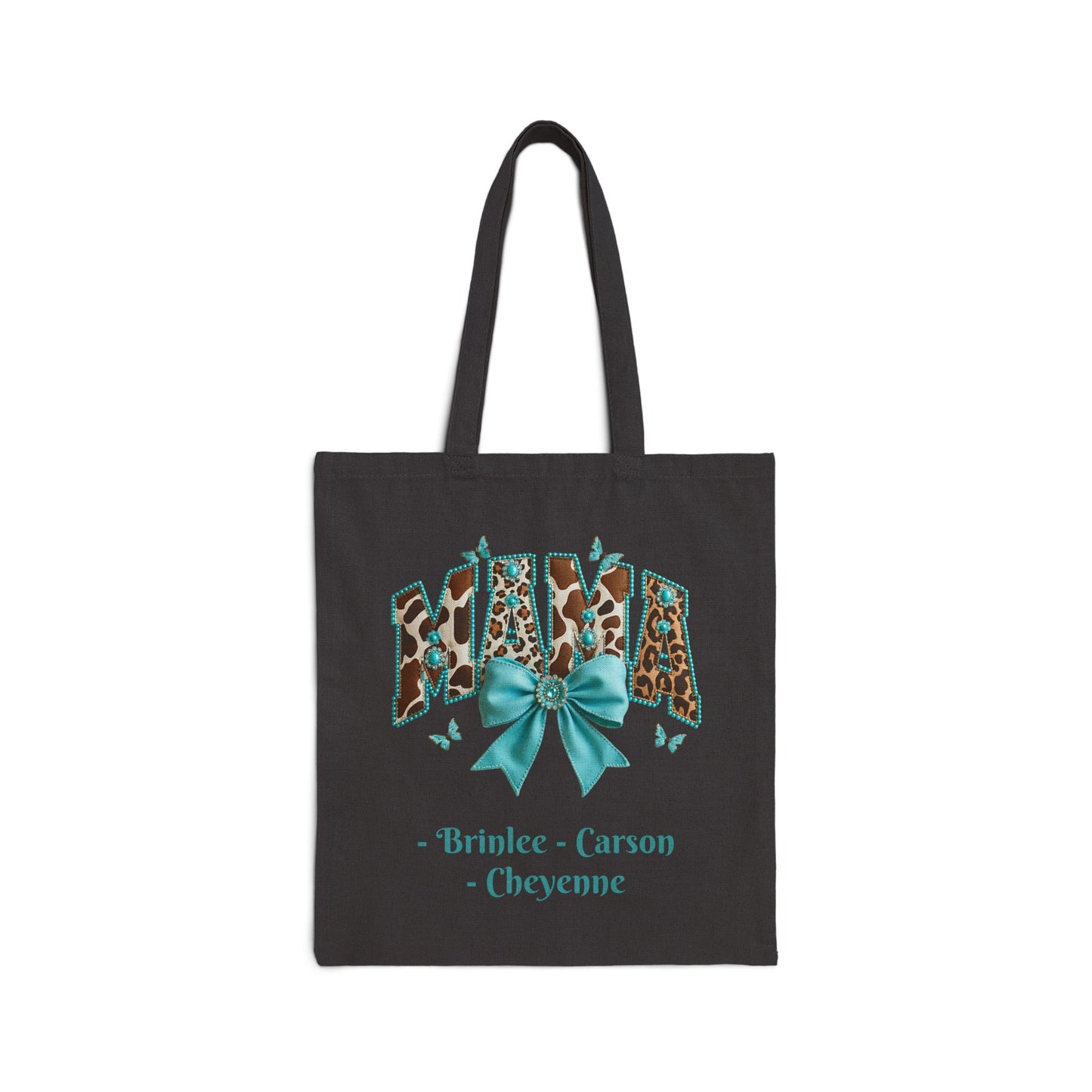 Mama Leopard Print Tote Bag with Teal Bow Custom Names — Personalized Mom Tote