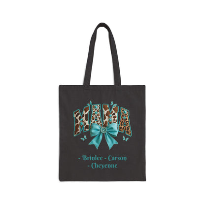 Mama Leopard Print Tote Bag with Teal Bow Custom Names — Personalized Mom Tote