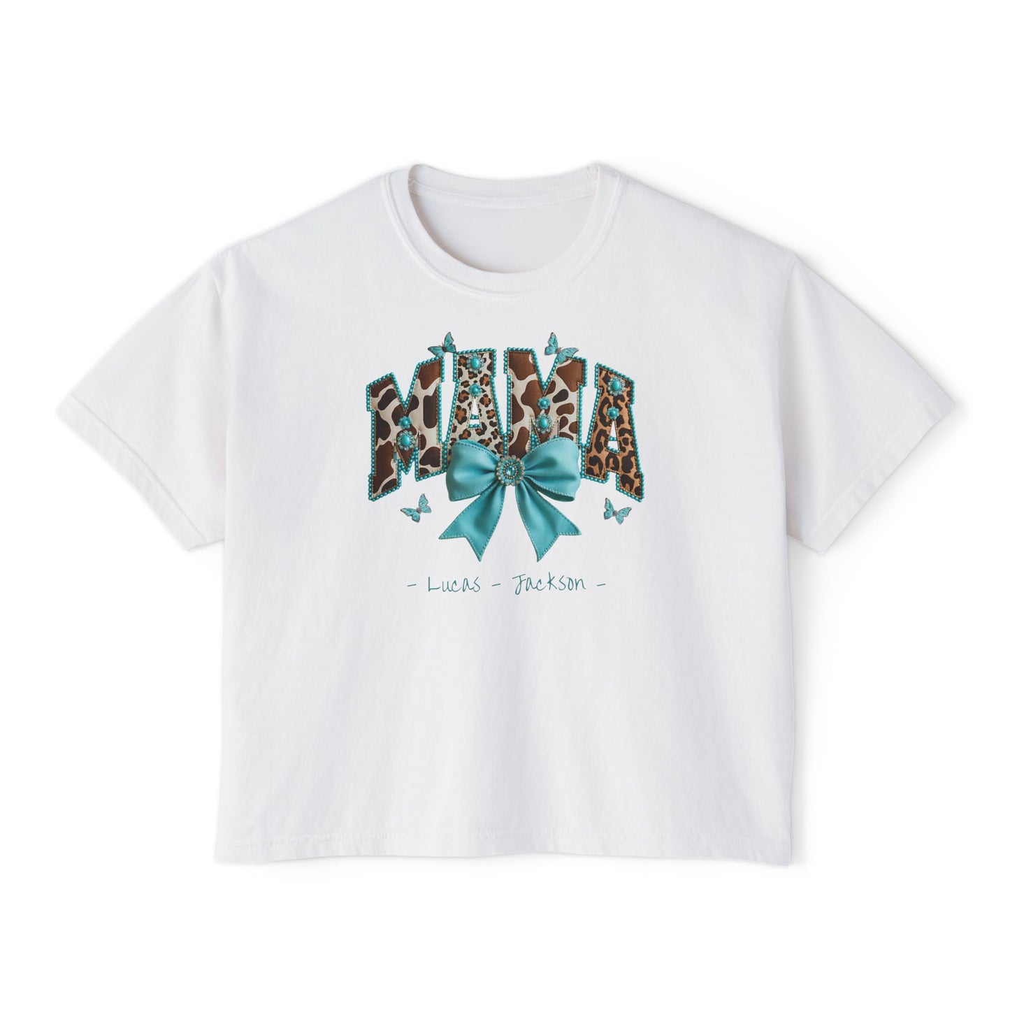 Mama Teal Bow Custom Name Boxy Tee — Mother's Day Shirt