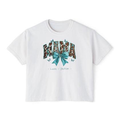 Mama Teal Bow Custom Name Boxy Tee — Mother's Day Shirt