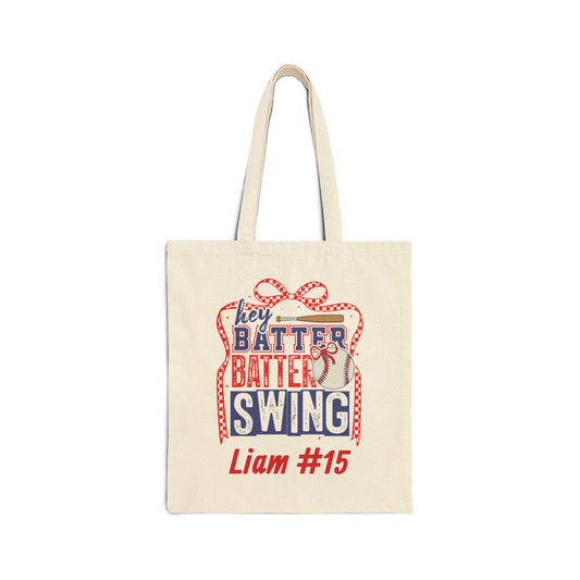 Hey Batter Batter Personalized Cotton Canvas Tote (Custom Name & Number)